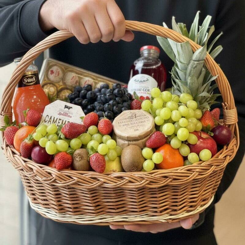 Gift,basket,with,fruits,,sweets,,cheese,and,ikroj,Corporate,basket,on,23,February