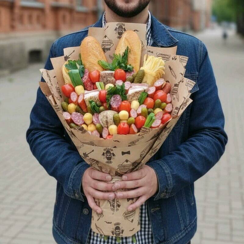 Men's,bouquet,with,sausages,,smoked,cheese,,salmon,and,fresh,greens_yu,Bouquet,on,23,February