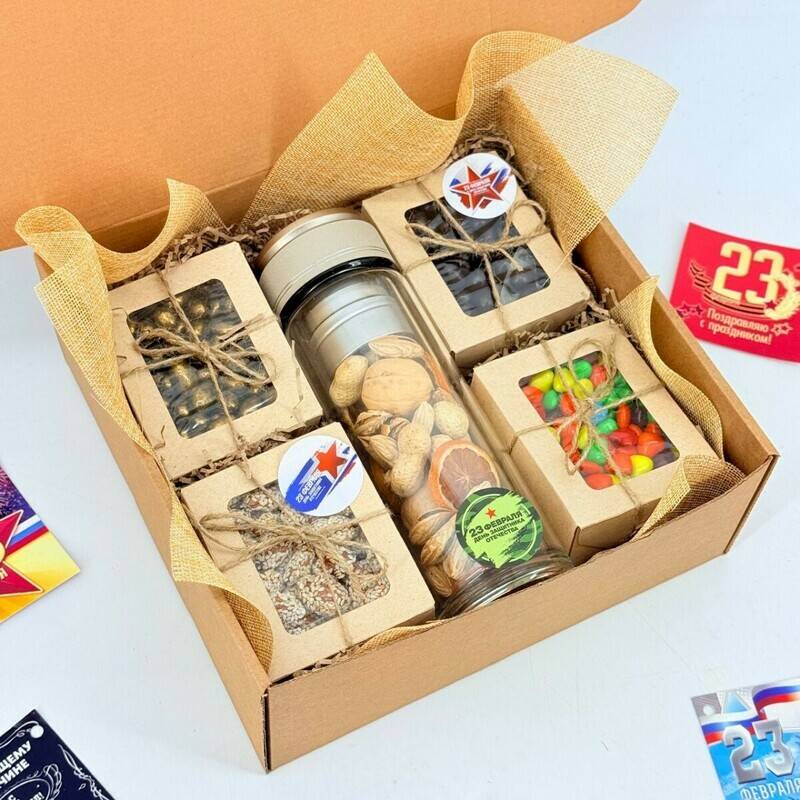 A,gift,for,a,man,for,February,23rd.,A,gift,set,of,nuts,with,a,glass,thermos,teapot.