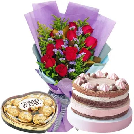 12 Red Roses, Contis Chocolate Blush Cake & Heart Ferrero Box