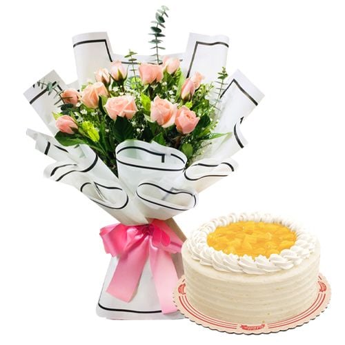 12 Pink Roses with Red Ribbon Cake