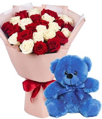 24 Red, White Roses Bouquet with Blue Bear