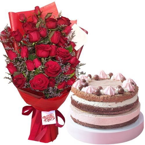 24 Red Roses with Contis Chocolate Blush Cake
