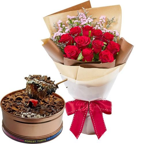 12 Red Roses with Dark Forest Torte Can Cake