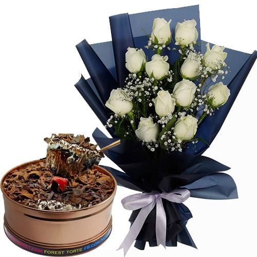 12 White Roses with Dark Forest Torte Can Cake