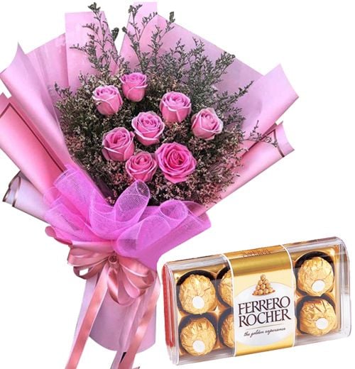 12 Pink Roses with Ferrero Chocolate Box