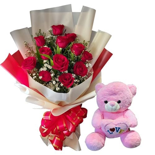 12 Red Roses with Pink Bear