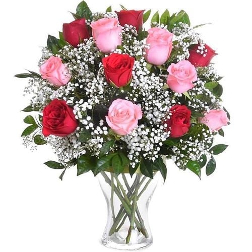 12 Stems Fresh Mixed Roses in Vase