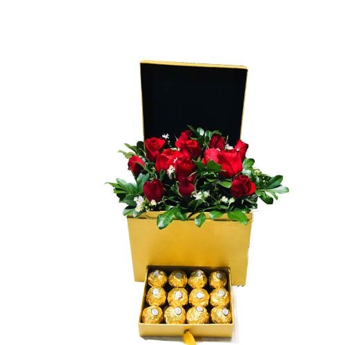 12 Red Roses with 12 Ferrero Chocolate in a Box