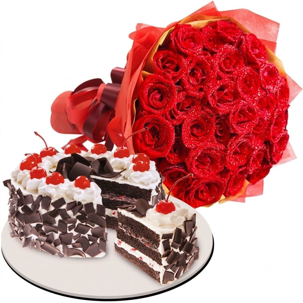 24 Red Roses with Black Forest Cake by Red Ribbon (Junior Size)