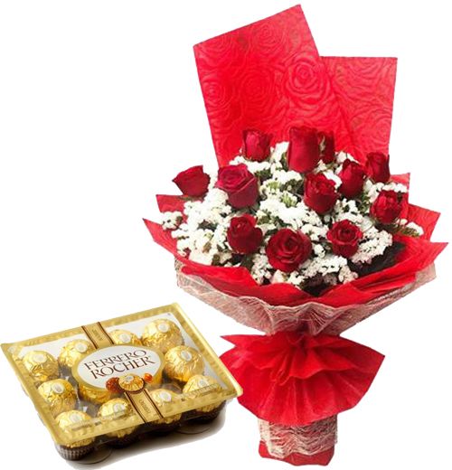 12 Red Roses with Ferrero Chocolate Box