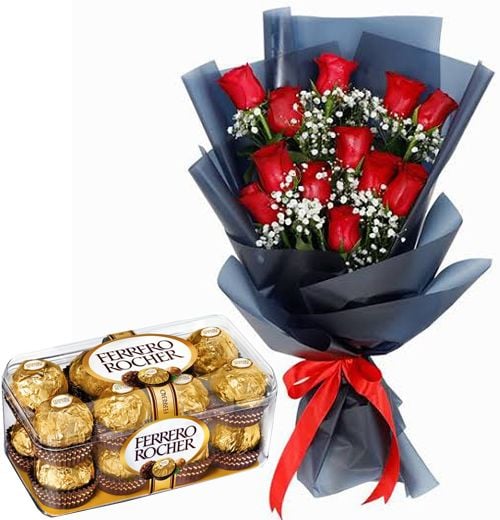 A Dozen of Red Roses with 16 Ferrero Box