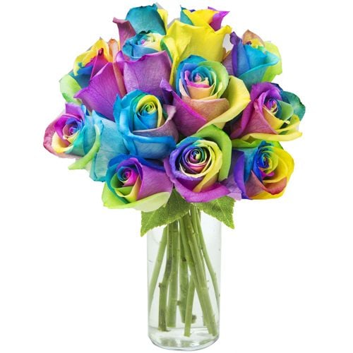 12 Rainbow Roses in Glass Vase