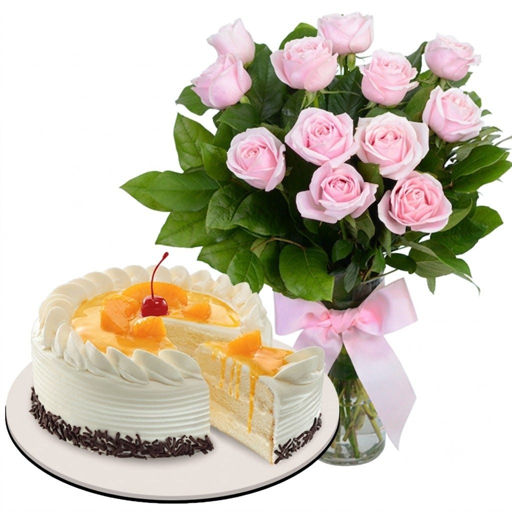 12 Pink Roses with Mango Cake by Red Ribbon (Junior Size)