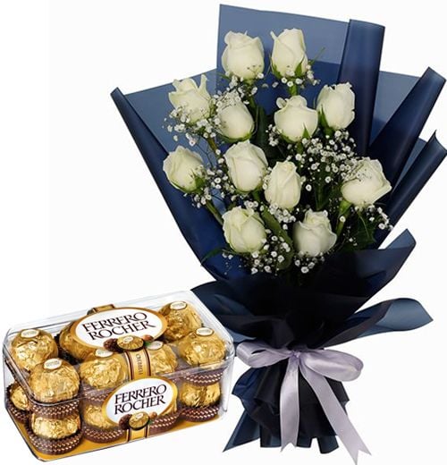 12 White Roses with 16 Ferrero Rocher Box