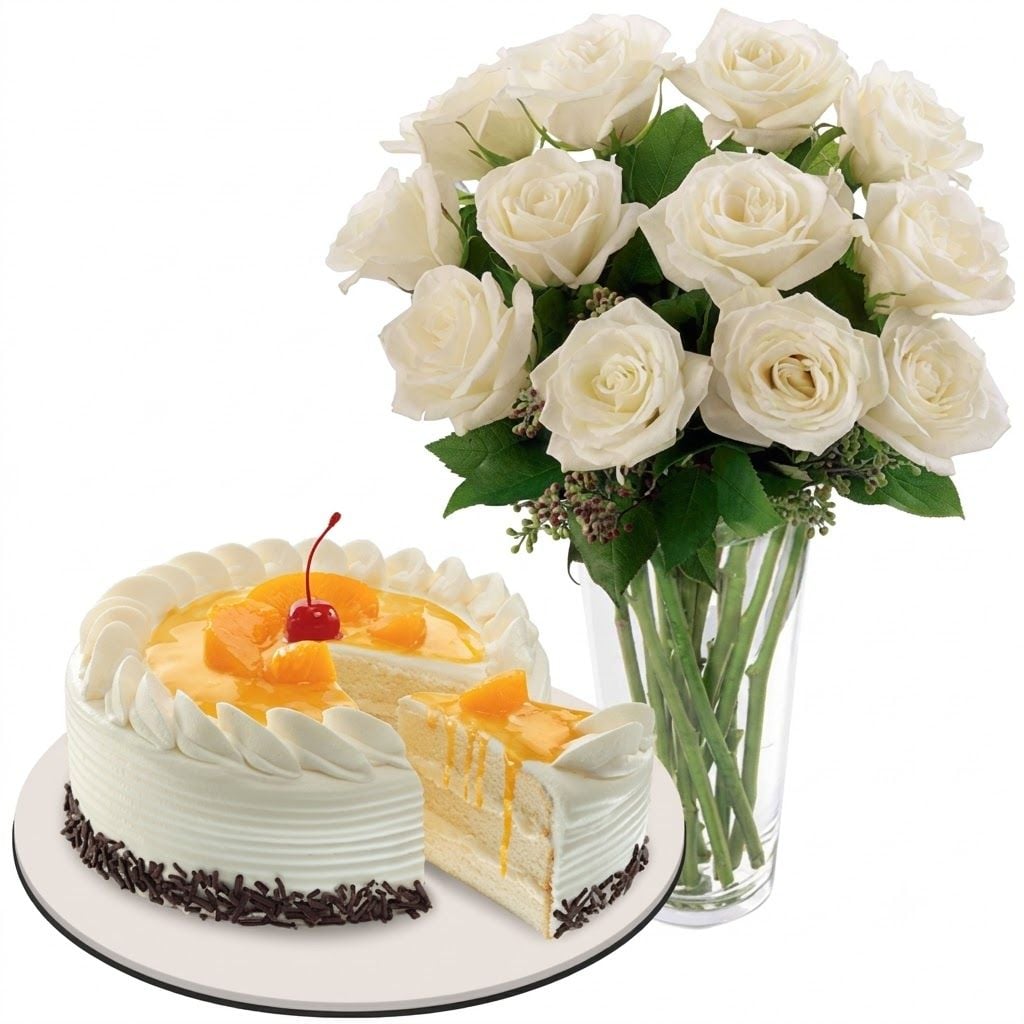12 White Roses with Peach Mango Cake (Junior Size)