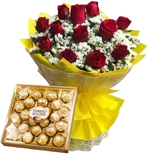 12 Red Roses with Ferrero Chocolate Box