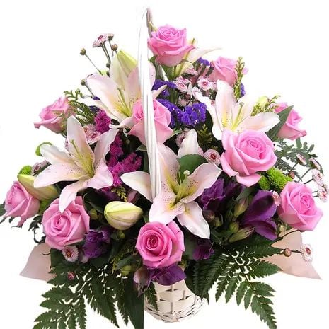 Pink Roses & Lilies Basket