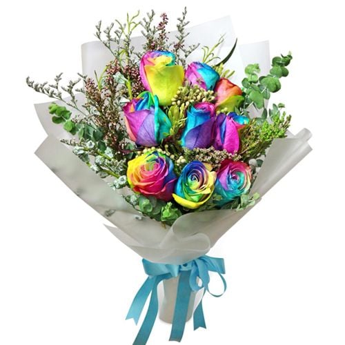 9 pcs Beautiful Rainbow Rose in Bouquet