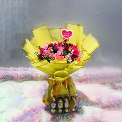 24 Pieces mixed color roses with 12 Pieces Ferrero Rocher Chocolates
