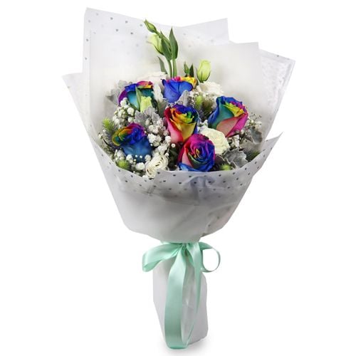 6 Rainbow Roses and 6 White Roses Bouquet