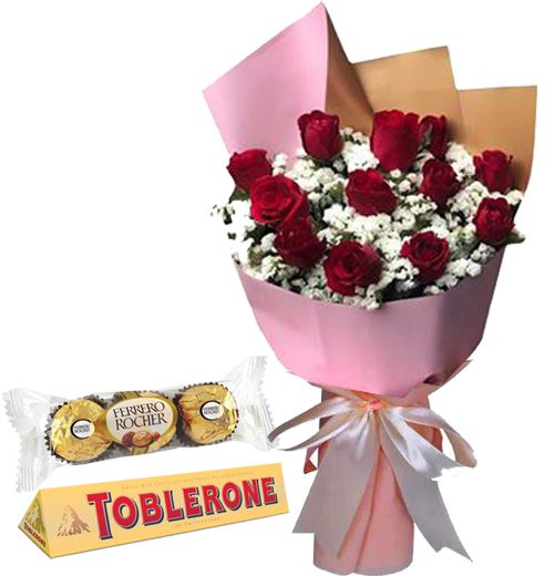 12 Red Color Roses with Chocolate
