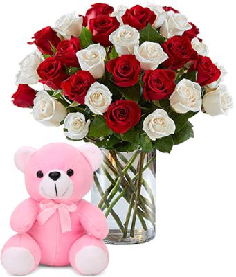 36 Red, White Roses Vase & Pink Teddy Bear