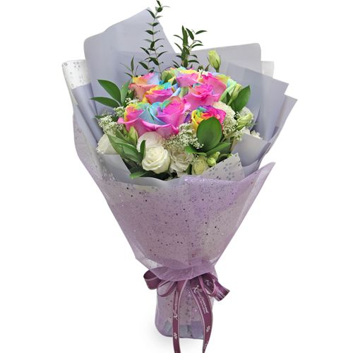 10 Rainbow Roses with 6 White Roses Bouquet