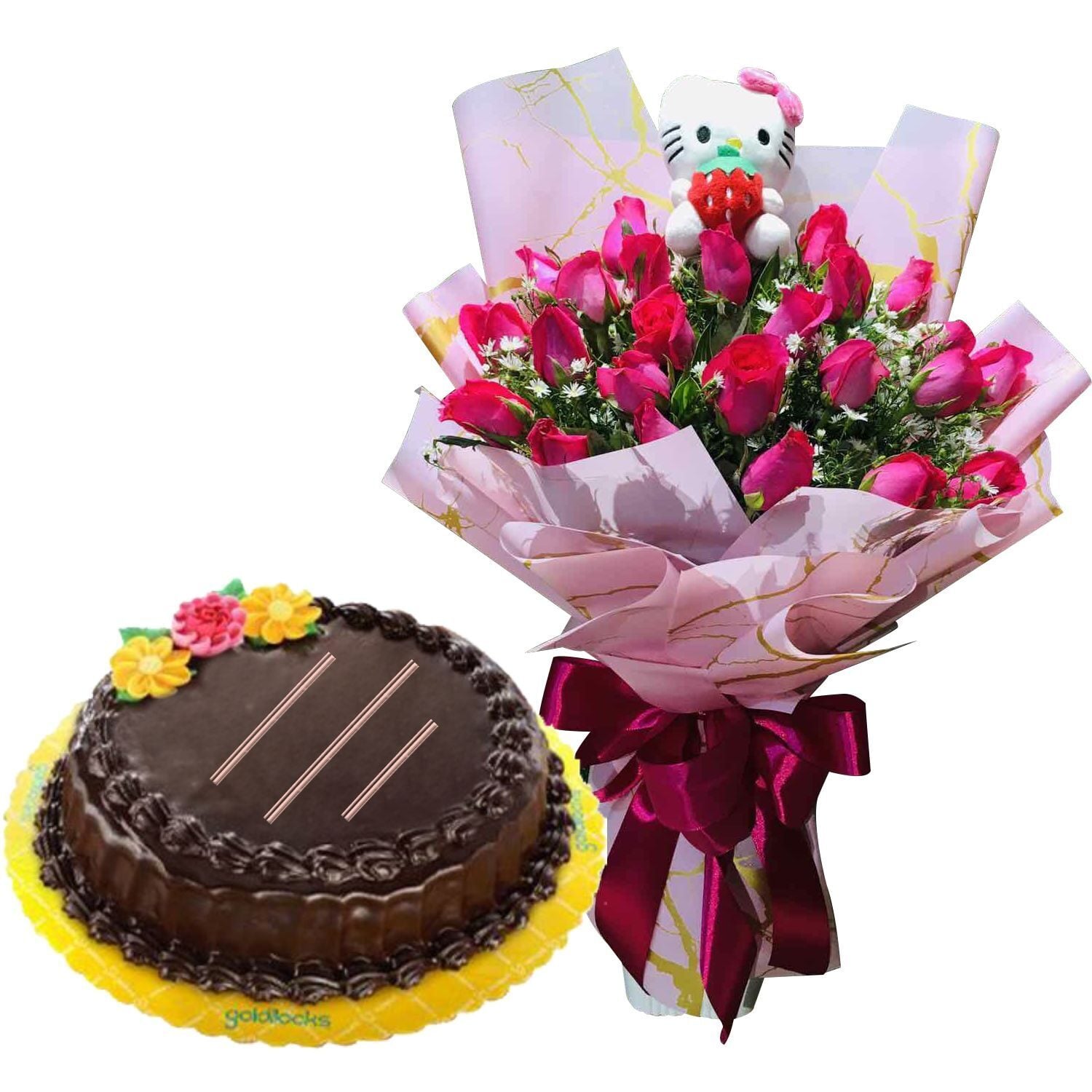 24 Pink Roses with Chocolate Chiffon Cake