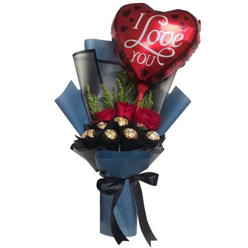 Roses with Ferrero and Balloon in Bouquet