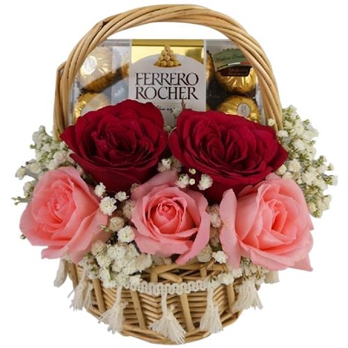 5 Pcs. Roses with Chocolate Box in Basket