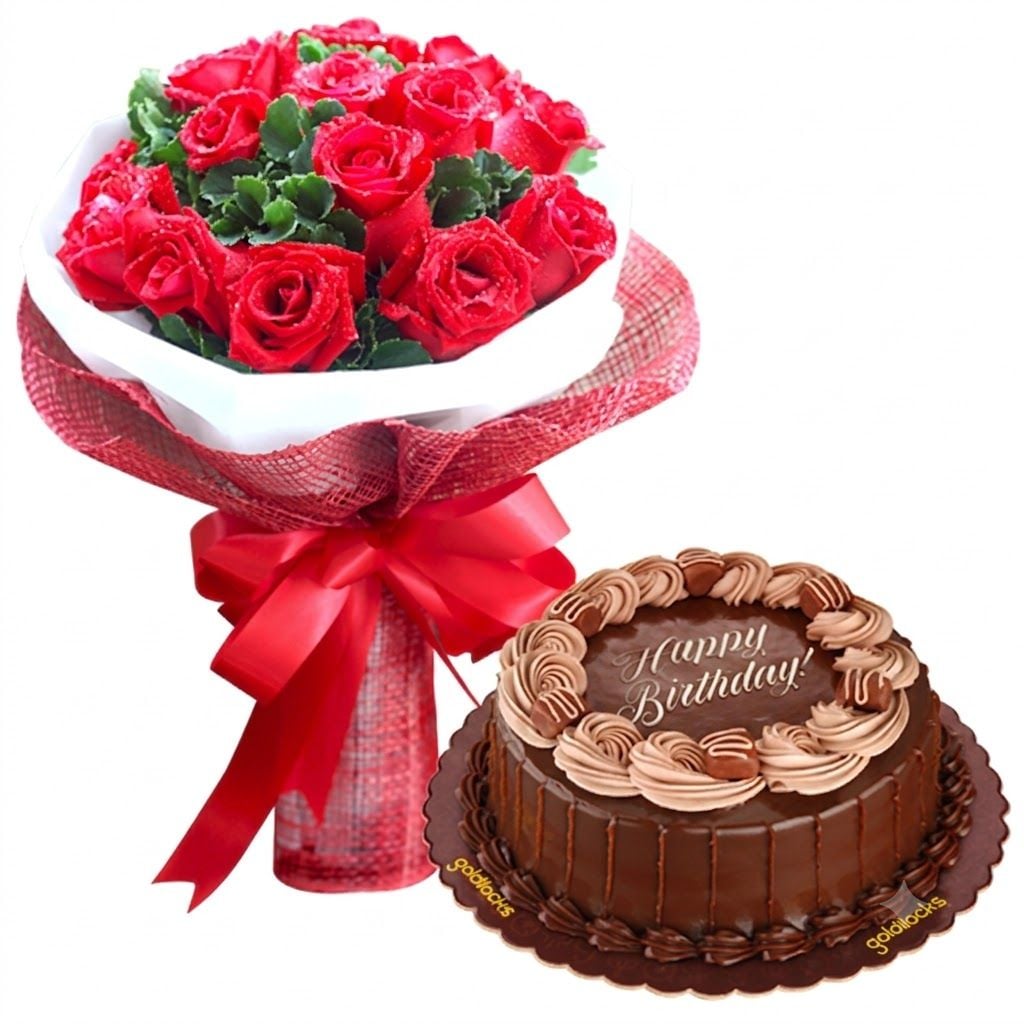 12 Red Roses with Double Dutch Cake
