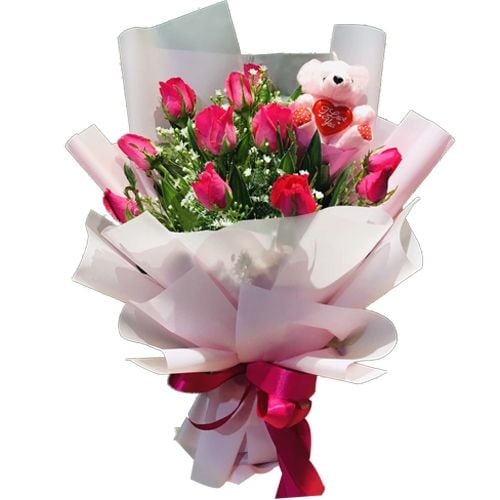 Bouquet of 12 Hot Pink Roses And FREE Mini Bear