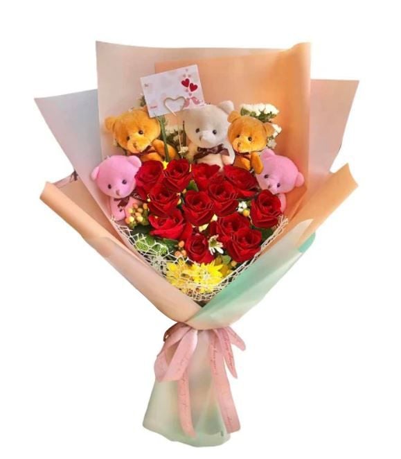 Dozen of Roses with 6 Pcs Mini Bear in Bouquet