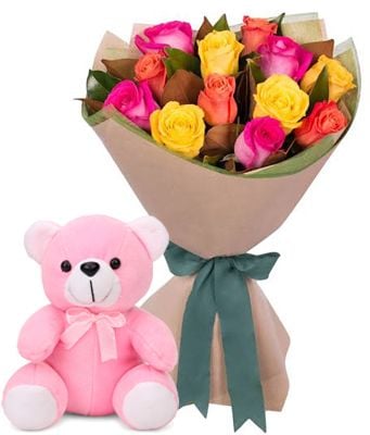 12 Mixed roses with Pink Bear