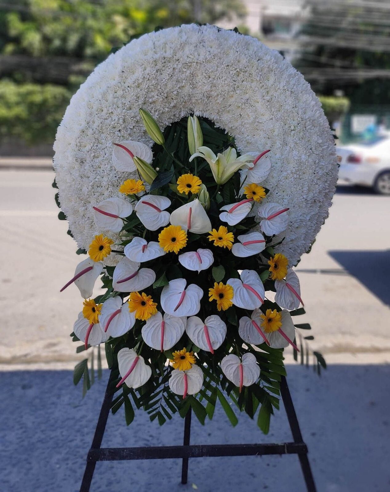 Anthuriums, Lilies with Mums Wreath