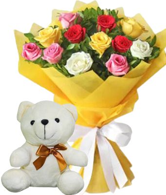 12 Mixed Roses Bouquet & White Bear