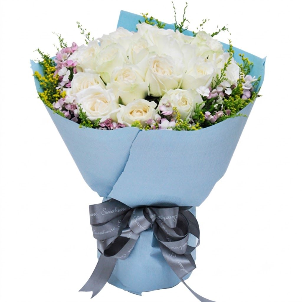 24 White Roses with Green Leaves