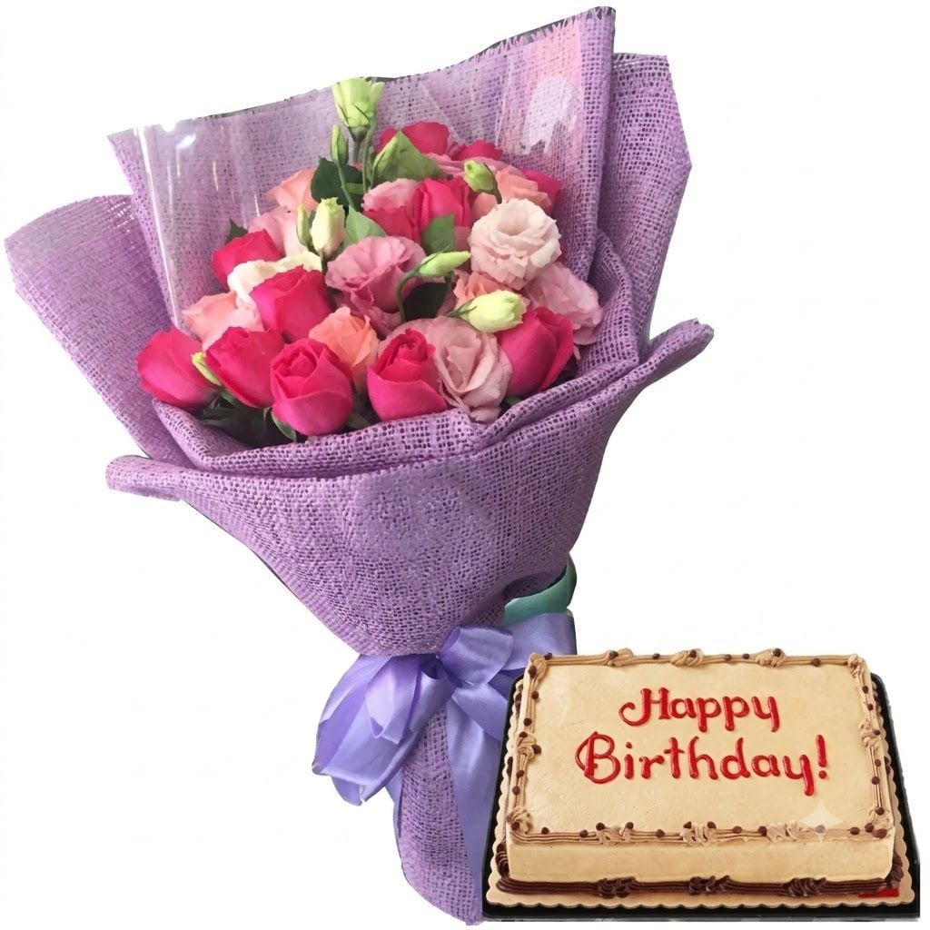 Soft & Hot Pink Rose Bouquet w/ Mocha Birthday Cake