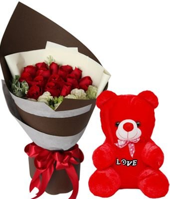 12 Red Roses with Red Teddy