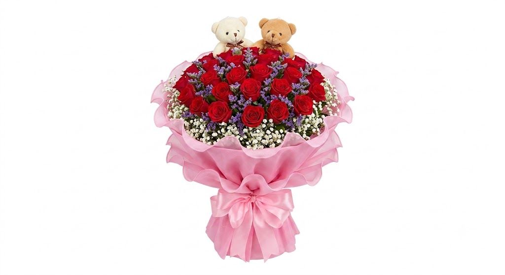 24 Red Roses with 2 Mini Bear in Bouquet