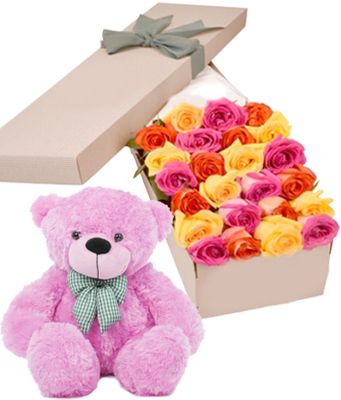 24 Mixed Roses Box with Pink Teddy Bear