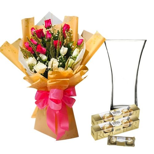 24Pcs White & Pink Roses Bouquet With Chocolate (Free Vase)