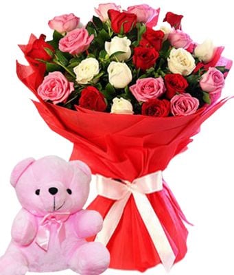 36 Mixed Roses Bouquet & Small Bear