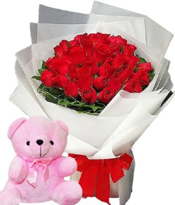 36 Red Roses Bouquet with Pink Bear