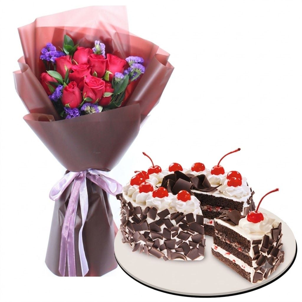 12 Red Roses with Black Forest Cake By Red Ribbon (6'' Round Cake)
