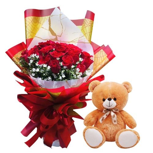 24 Red Rose Bouquet & Pink Teddy Bear
