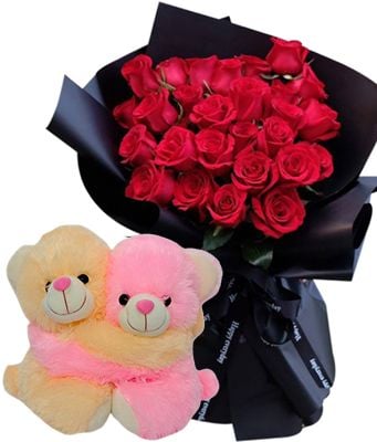 24 Red Rose Bouquets with Huggable Bear