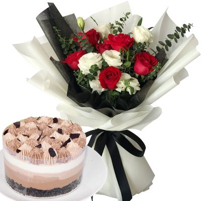 6 Red, 6 White Roses Bouquet with Mini Chocolates Mousse Cake