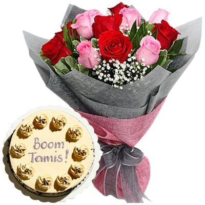 6 Red & 6 Pink Roses Bouquet & Mocha Cake